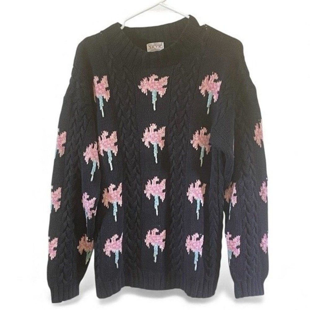 SKYR Black Sweater Large With Pink and Black Floral‎ Design